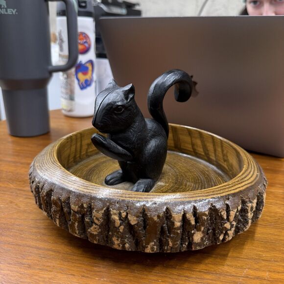 Vintage Cast Iron Squirrel Nut Cracker In Wooden Bark Bowl Nutcracker - Picture 3 of 11